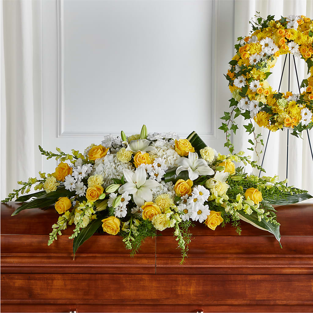 Golden Harmony Casket Spray – YOUNG'S GREENHOUSE & FLOWER SHOP, Fort Wayne IN