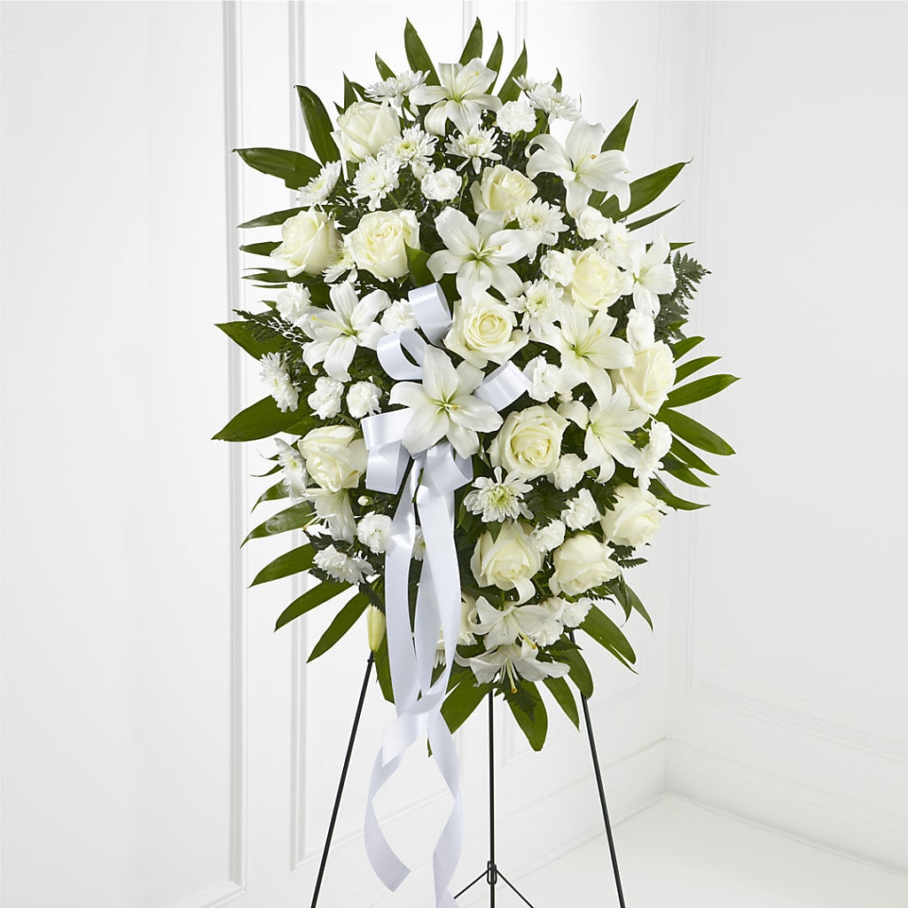 Exquisite Tribute Standing Spray-White Ribbon – YOUNG'S GREENHOUSE & FLOWER SHOP, Fort Wayne IN