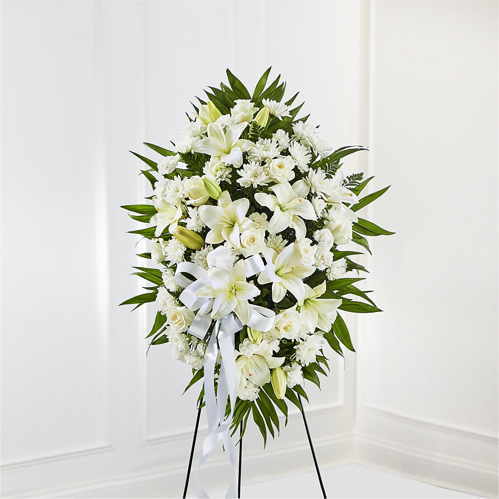 Exquisite Tribute Standing Spray-White Ribbon – YOUNG'S GREENHOUSE & FLOWER SHOP, Fort Wayne IN