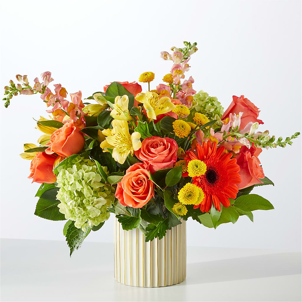 Autumn Sunshine Bouquet with Ivory Vase – YOUNG'S GREENHOUSE & FLOWER SHOP, Fort Wayne IN