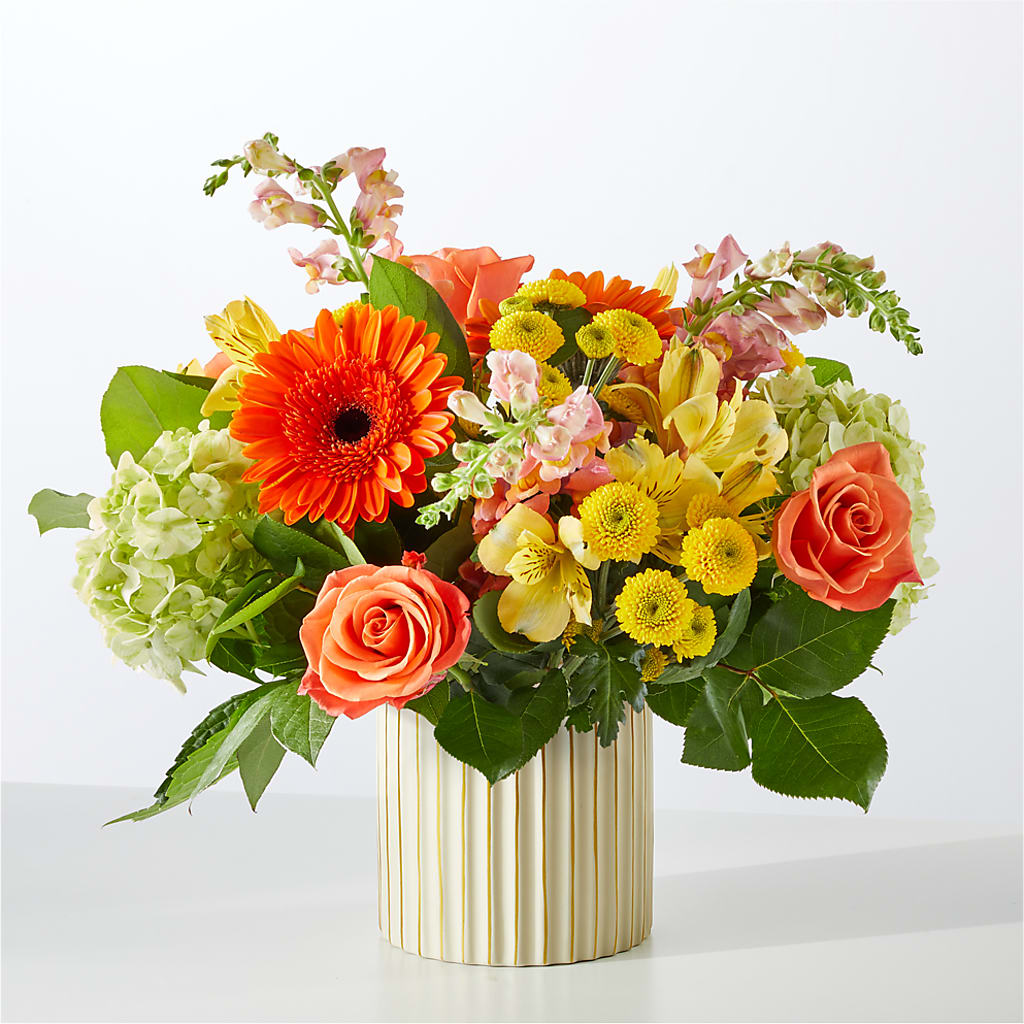 Autumn Sunshine Bouquet with Ivory Vase – YOUNG'S GREENHOUSE & FLOWER SHOP, Fort Wayne IN