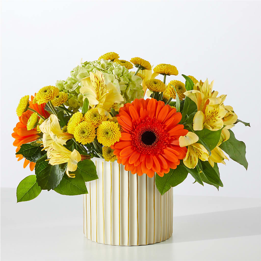 Autumn Sunshine Bouquet with Ivory Vase – YOUNG'S GREENHOUSE & FLOWER SHOP, Fort Wayne IN